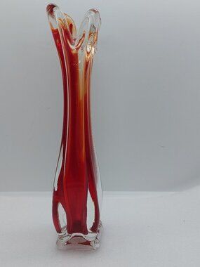Vintage Clear & Red Glass 10" Vase Four Finger Ruffle